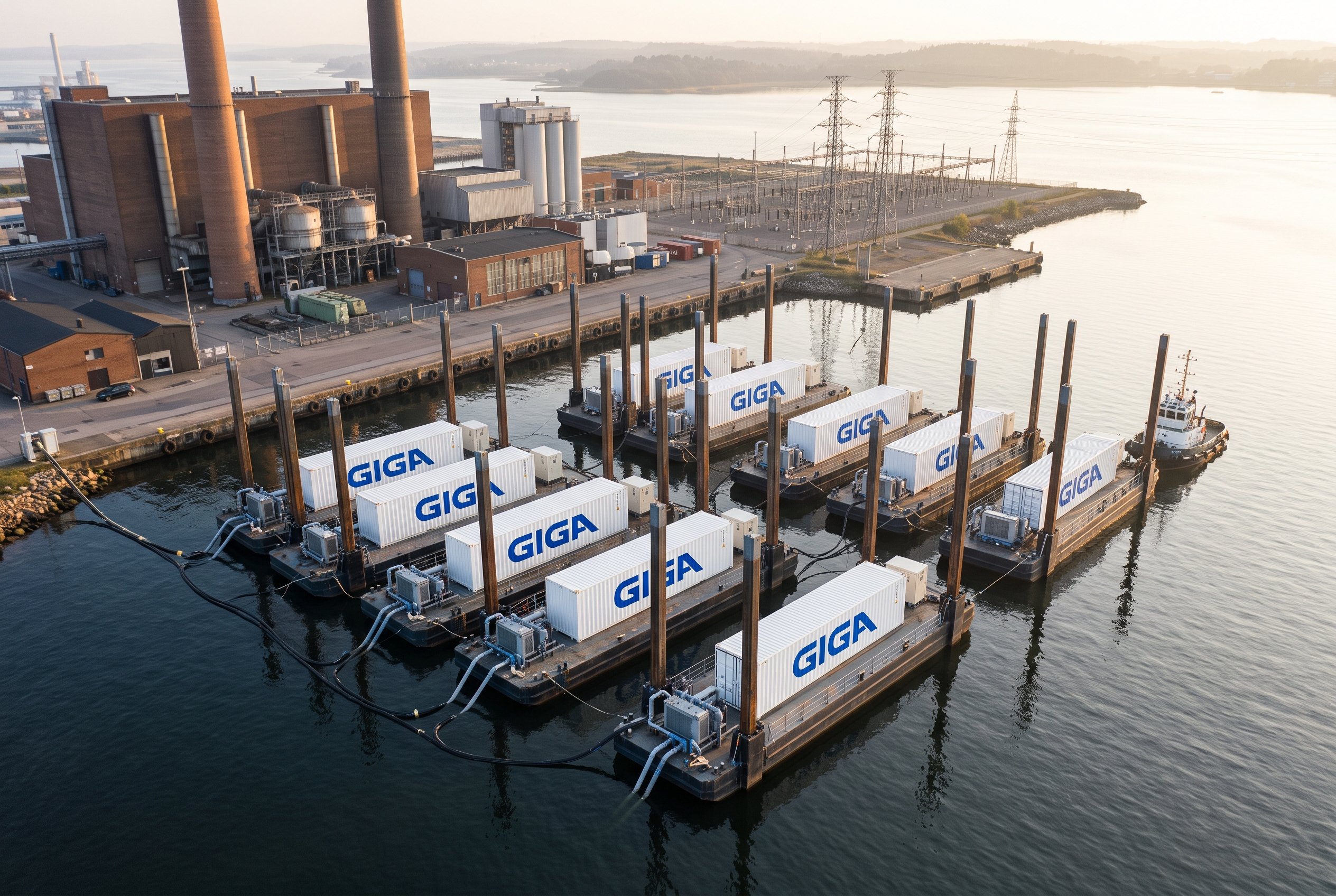 Ten GigaSpud barges, each carrying one white GIGA container pod, moored beside a retired power station and its switchyard at golden hour